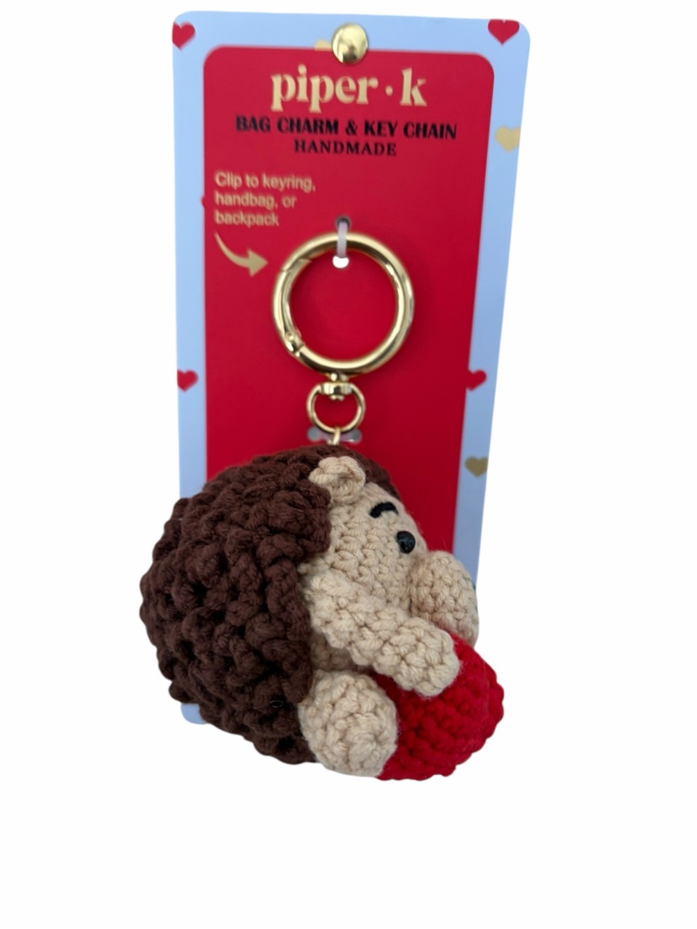 PIPER K Handmade Crochet Hedgehog Keychain - Brown & Red